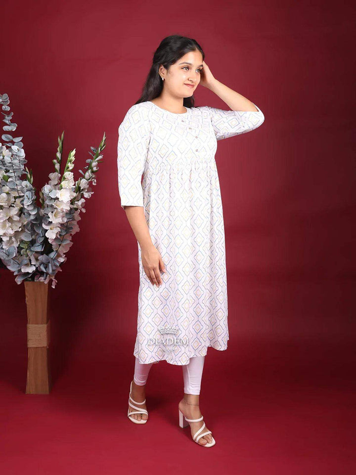 Off White Cotton Kurti Top Adorned with Design Prints - Diadem