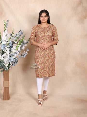 Brown Cotton Kurti Top Adorned with Floral Prints - Diadem