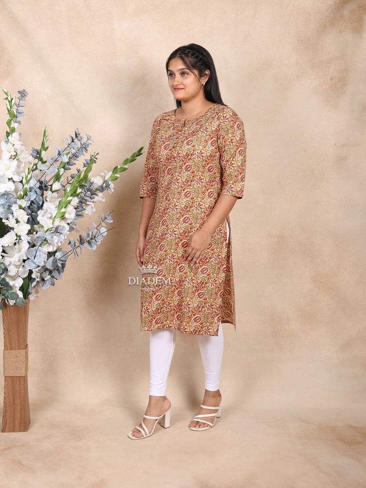 Brown Cotton Kurti Top Adorned with Floral Prints - Diadem