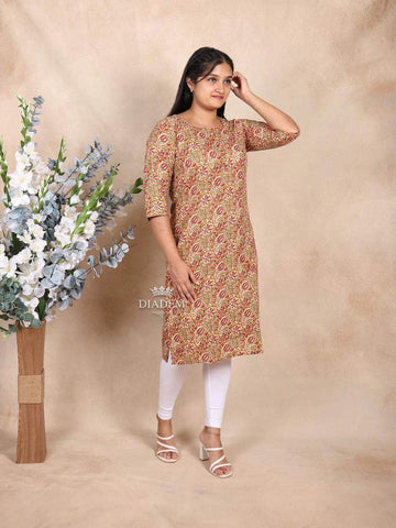 Brown Cotton Kurti Top Adorned with Floral Prints - Diadem