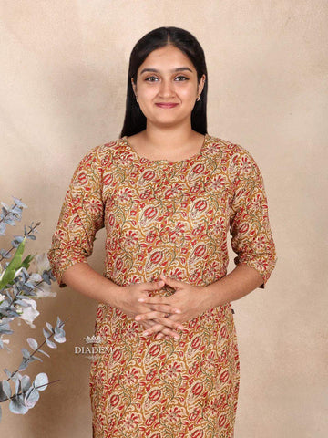 Brown Cotton Kurti Top Adorned with Floral Prints - Diadem