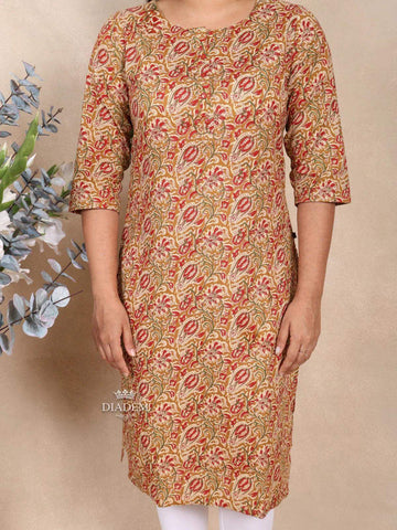 Brown Cotton Kurti Top Adorned with Floral Prints - Diadem