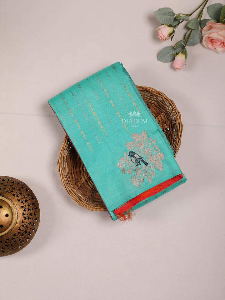 Aqua Green Pure Kanchipuram Bridal Silk Saree with Stripes on the body and Without Border - Diadem