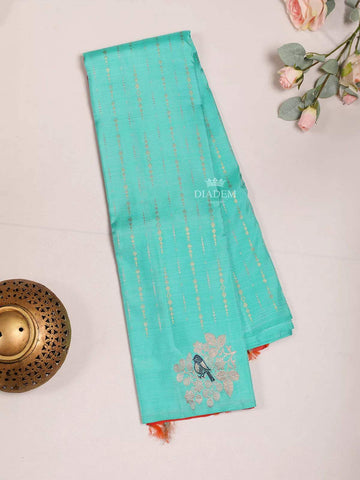 Aqua Green Pure Kanchipuram Bridal Silk Saree with Stripes on the body and Without Border - Diadem