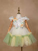 Light Green Satin with Net Frilled Gown Adorned with Floral Prints and Attached Bow - Diadem