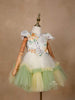 Light Green Satin with Net Frilled Gown Adorned with Floral Prints and Attached Bow - Diadem