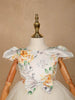 Light Green Satin with Net Frilled Gown Adorned with Floral Prints and Attached Bow - Diadem