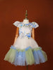 Off White Satin with Net Frock Adorned with Floral Prints and attached Bow - Diadem