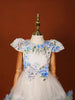 Off White Satin with Net Frock Adorned with Floral Prints and attached Bow - Diadem