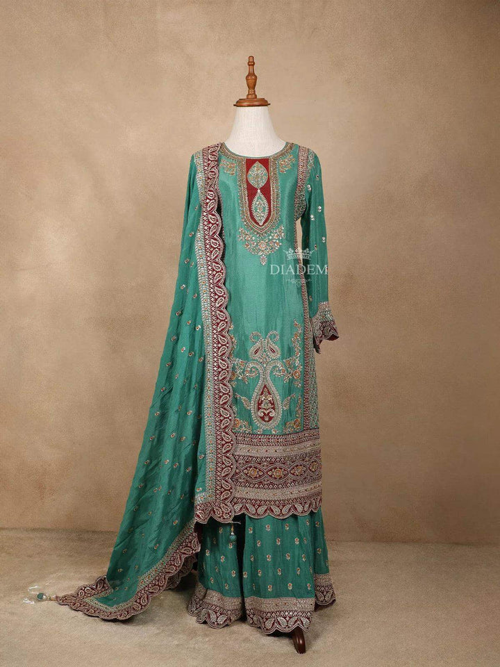 Green Georgette Lehenga Embellished with Floral Embroidery Paired with Dupatta - Diadem