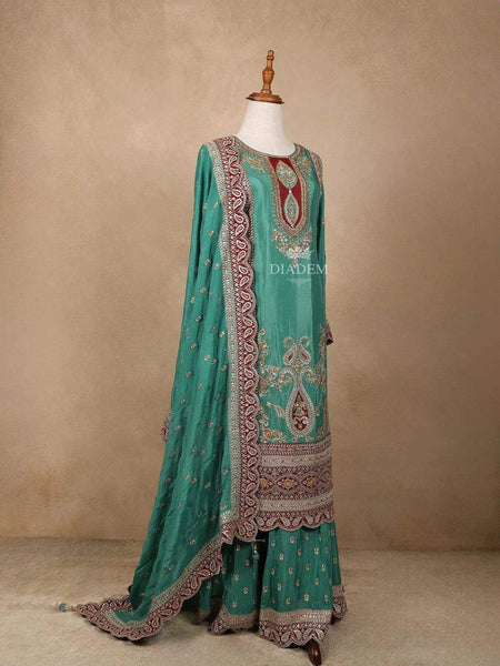 Green Georgette Lehenga Embellished with Floral Embroidery Paired with Dupatta - Diadem