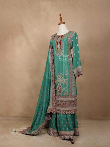 Green Georgette Lehenga Embellished with Floral Embroidery Paired with Dupatta - Diadem