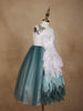 White and Teal Satin Gown Embellished with Embroidery and 3D Flowers - Diadem