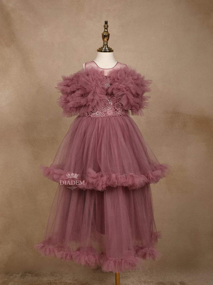 Light Purple Net Ruffle Gown with Floral Lace Embellishments - Diadem