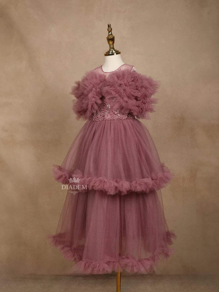 Light Purple Net Ruffle Gown with Floral Lace Embellishments - Diadem