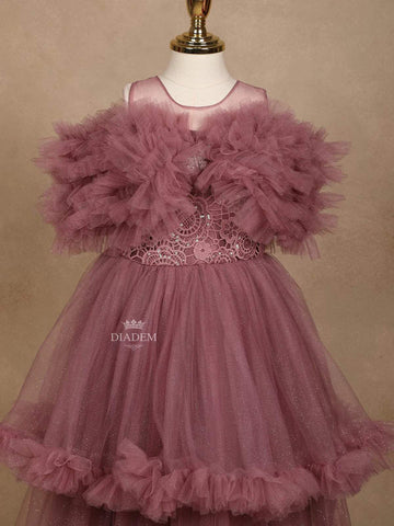Light Purple Net Ruffle Gown with Floral Lace Embellishments - Diadem