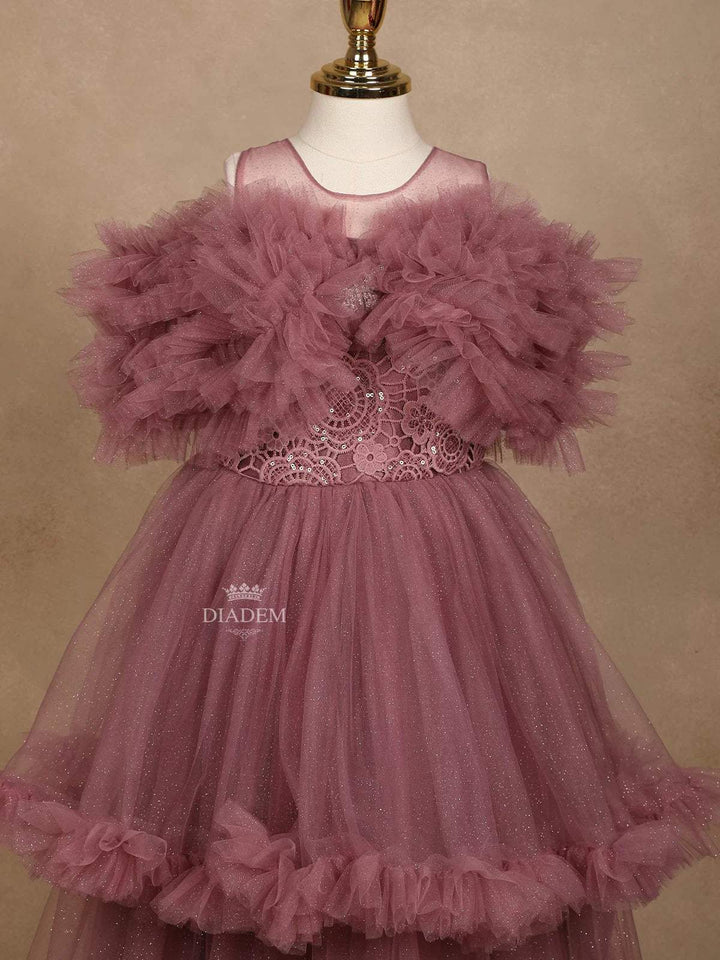 Light Purple Net Ruffle Gown with Floral Lace Embellishments - Diadem