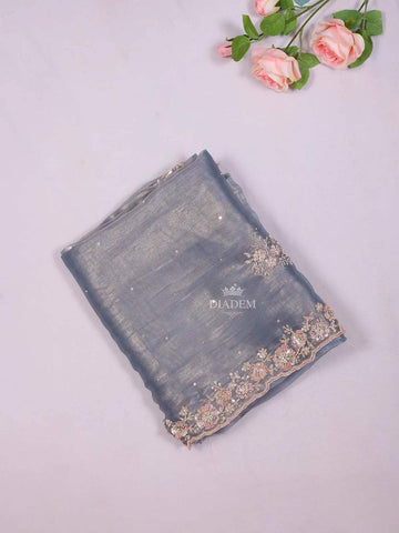 Blue Grey Tissue Organza Saree with Floral Designs on the body and Embroidery Border - Diadem