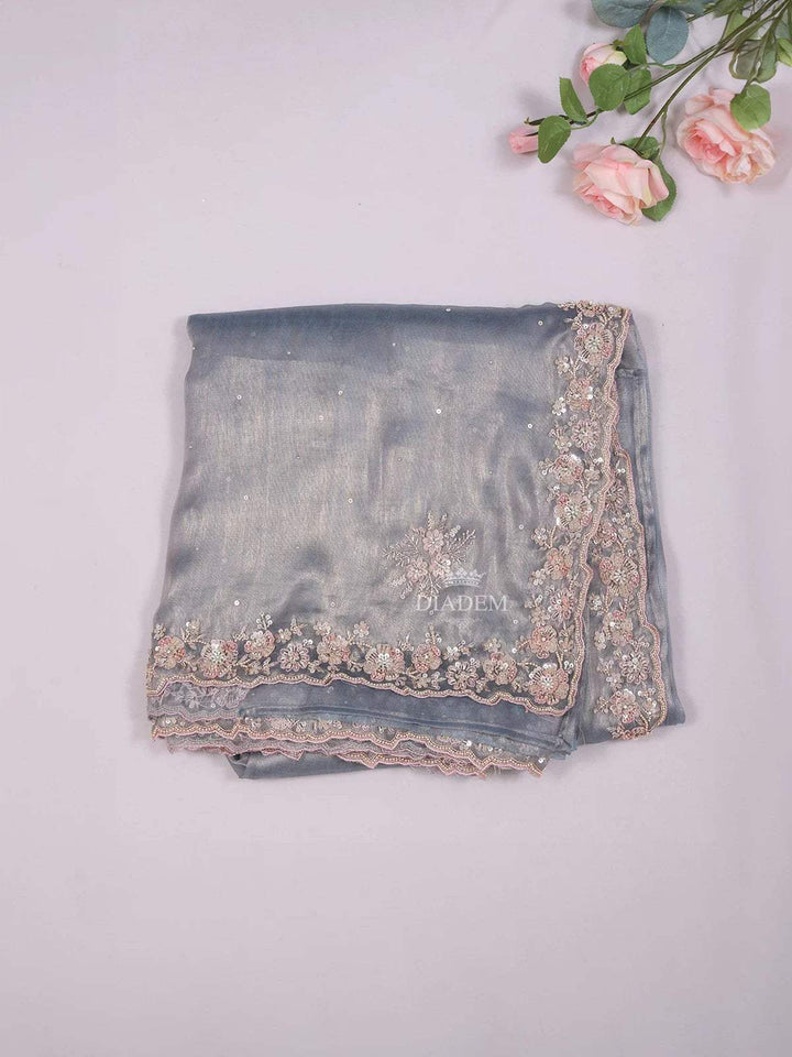 Blue Grey Tissue Organza Saree with Floral Designs on the body and Embroidery Border - Diadem