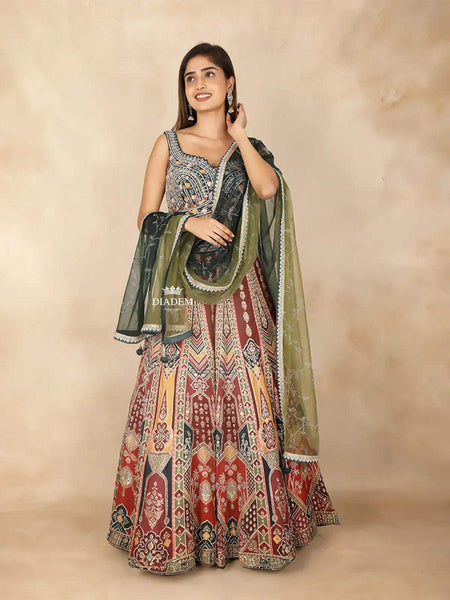 Green Silk Banarasi Lehenga Adorned with Mirror and Sequins paired with Dupatta - Diadem