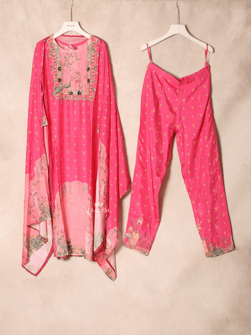 Pink Crepe Straight Cut Salwar Suit Adorned with Floral Prints and Embroidery and Dupatta - Diadem