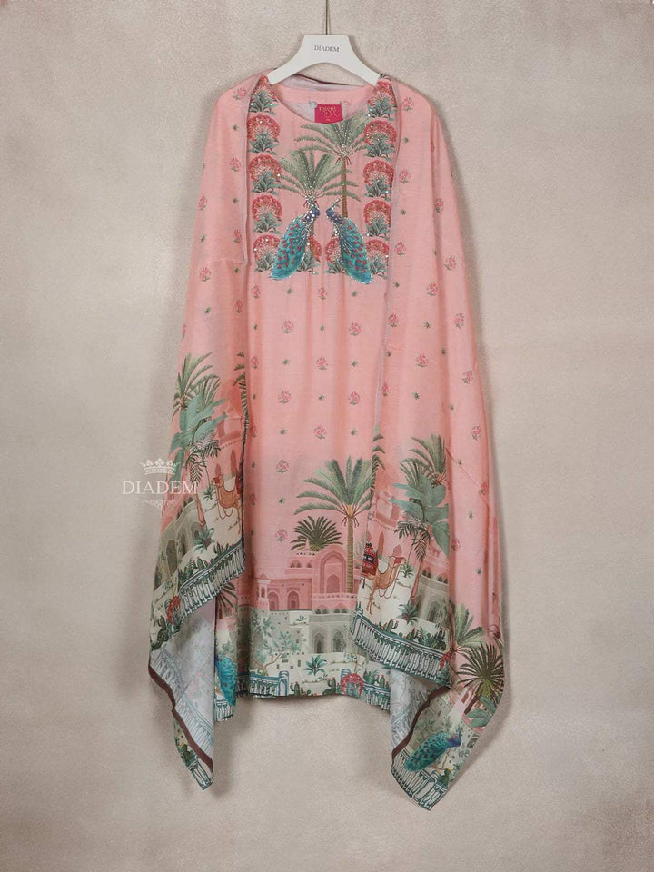 Pink Crepe Straight Cut Salwar Suit for Girls Adorned with Peacock and Floral Design, Paired with Dupatta - Diadem