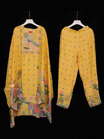 Yellow Crepe Straight Cut Salwar Suit for Women with Floral and Peacock Prints, paired with Dupatta - Diadem