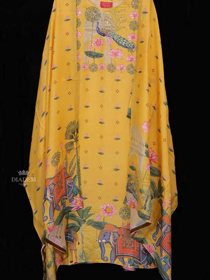 Yellow Crepe Straight Cut Salwar Suit for Women with Floral and Peacock Prints, paired with Dupatta - Diadem