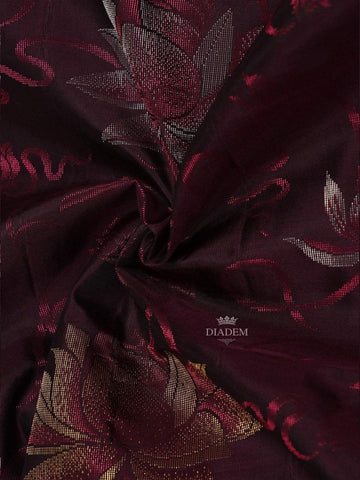 Burgundy Soft Silk Saree with Flower and Plant Design on the Body with Contrast Border - Diadem