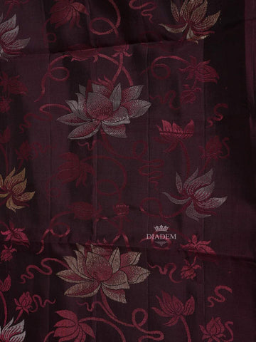 Burgundy Soft Silk Saree with Flower and Plant Design on the Body with Contrast Border - Diadem