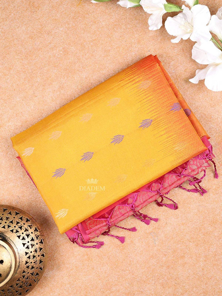 Yellow Soft Silk Saree with Flower and leaf Design on the Body and without Border - Diadem