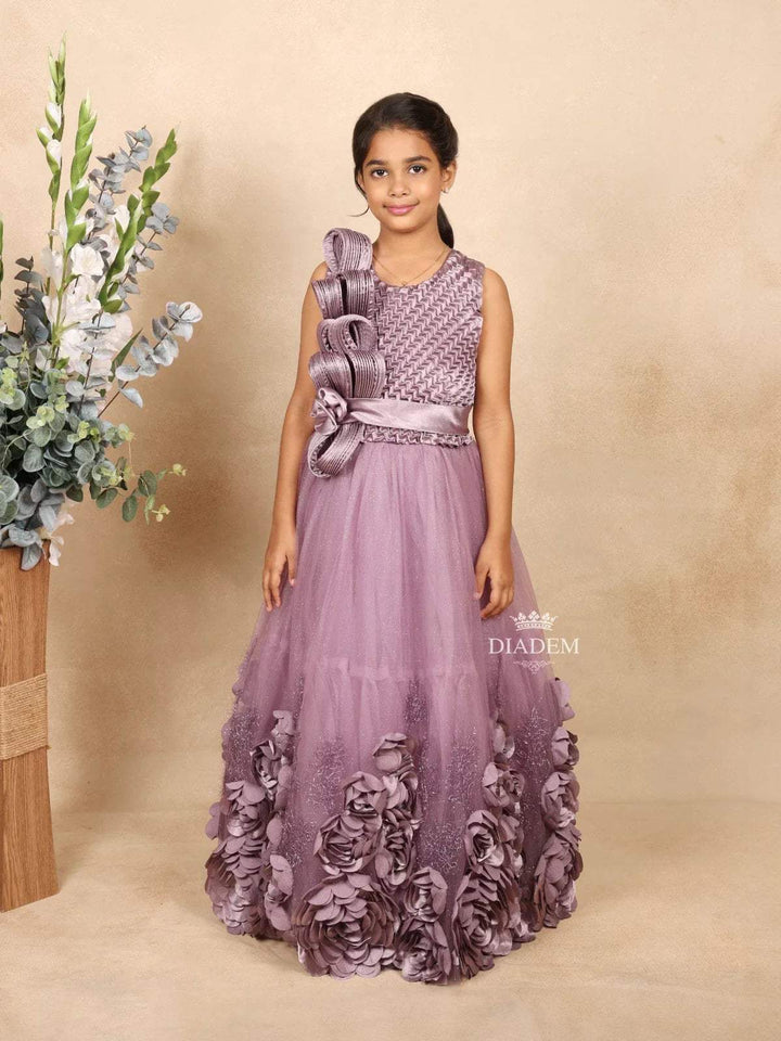 Light Purple Satin Netted Gown with 3d Flowers on the Body - Diadem