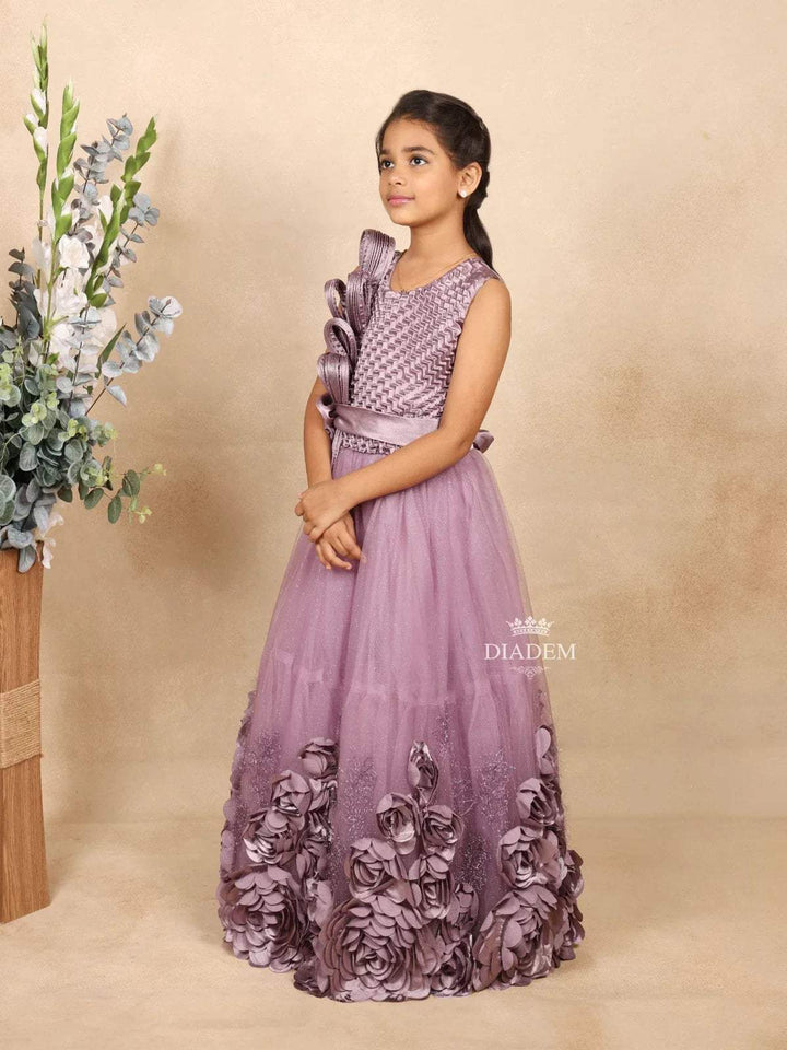 Light Purple Satin Netted Gown with 3d Flowers on the Body - Diadem