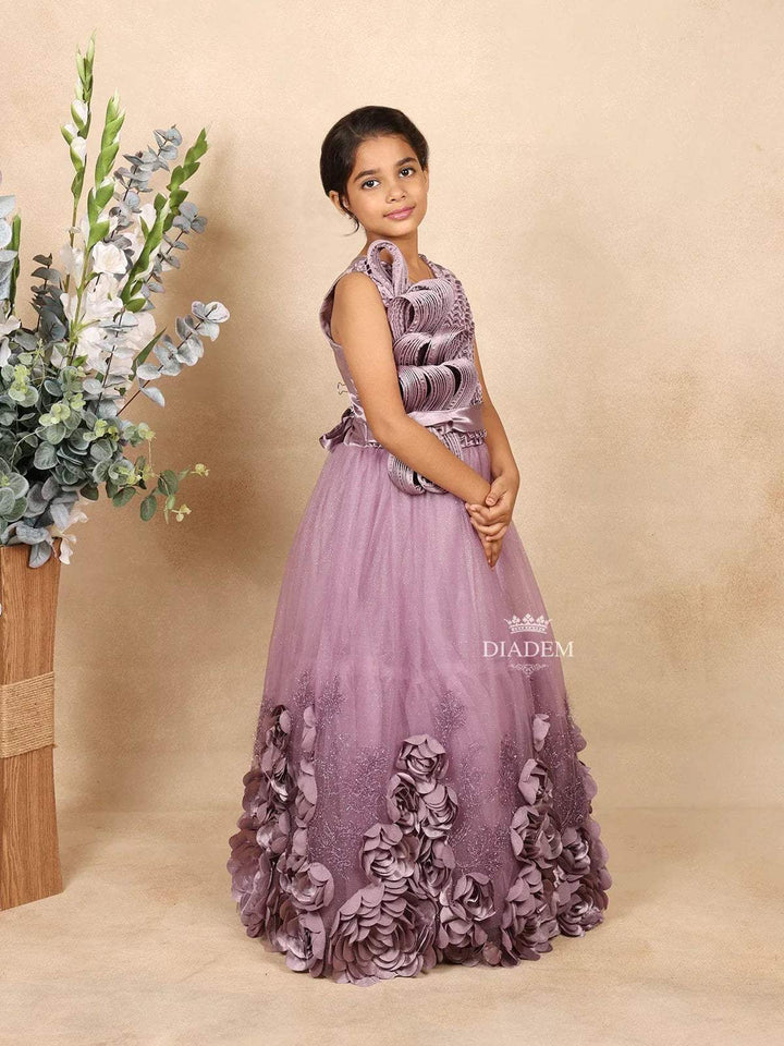Light Purple Satin Netted Gown with 3d Flowers on the Body - Diadem