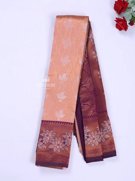 Peach Arani Silk Saree with Floral Motif on the body and Contrast Zari Border - Diadem