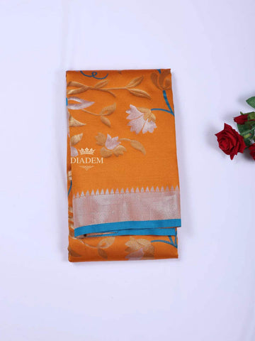 Orange Semi Banarasi Saree with Floral Motif on the body and Zari Border - Diadem