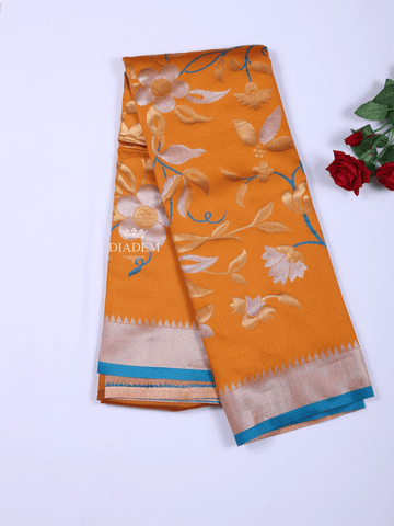 Orange Semi Banarasi Saree with Floral Motif on the body and Zari Border - Diadem