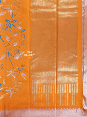 Orange Semi Banarasi Saree with Floral Motif on the body and Zari Border - Diadem