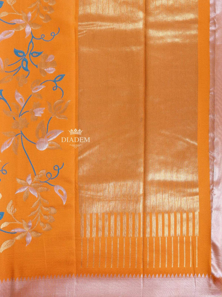 Orange Semi Banarasi Saree with Floral Motif on the body and Zari Border - Diadem