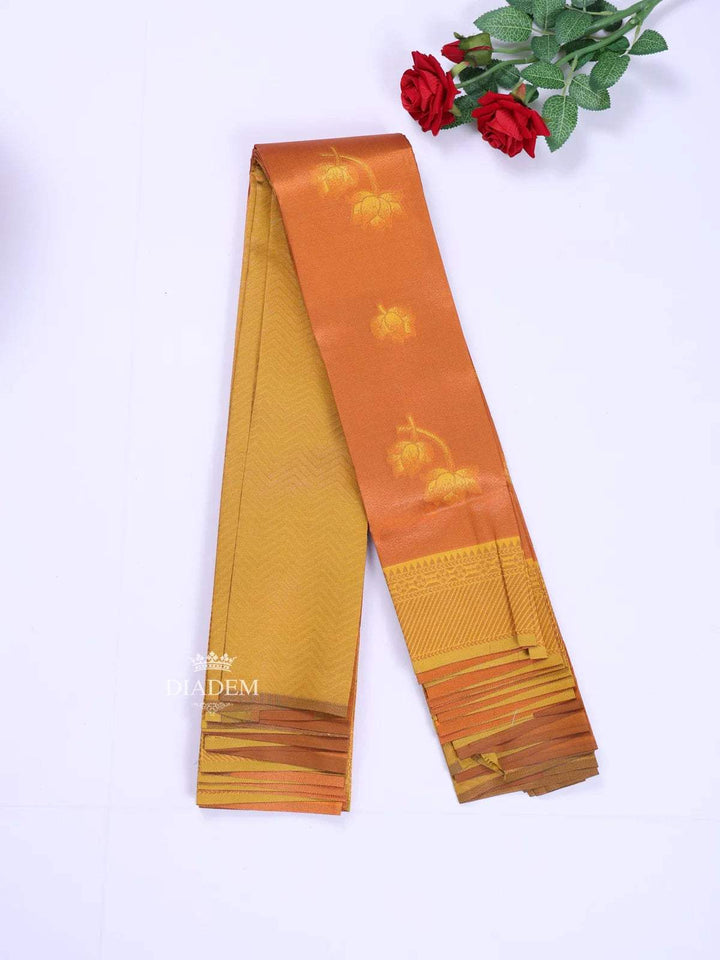 Mustard Orange Arani Silk Saree with Floral Motif on the body and Contrast Zari Border - Diadem