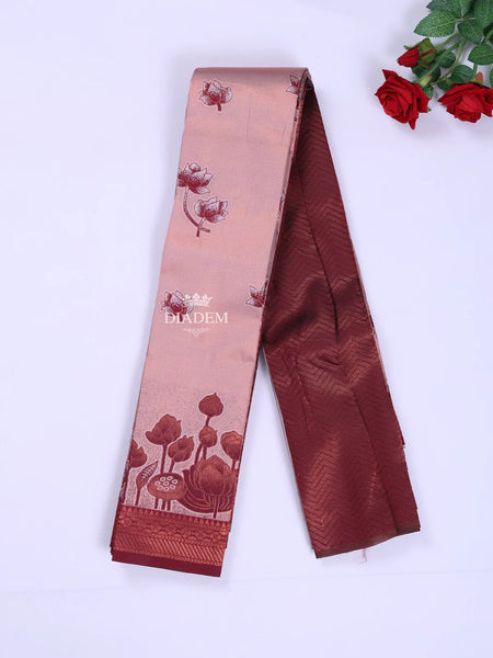 Peach Arani Silk Saree with Floral Motif on the body and Contrast Zari Border - Diadem