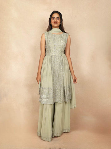 Light Green Palazzo Salwar Suit Embellished with Sequins and Stone Floral Design Paired with Dupatta - Diadem