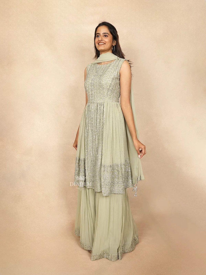 Light Green Palazzo Salwar Suit Embellished with Sequins and Stone Floral Design Paired with Dupatta - Diadem