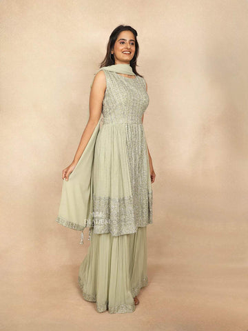 Light Green Palazzo Salwar Suit Embellished with Sequins and Stone Floral Design Paired with Dupatta - Diadem