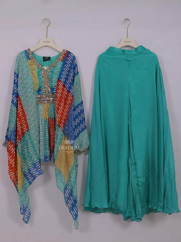 Turquoise Chiffon Palazzo Pant with Kaftan Top Adorned with Multicolor Prints - Diadem