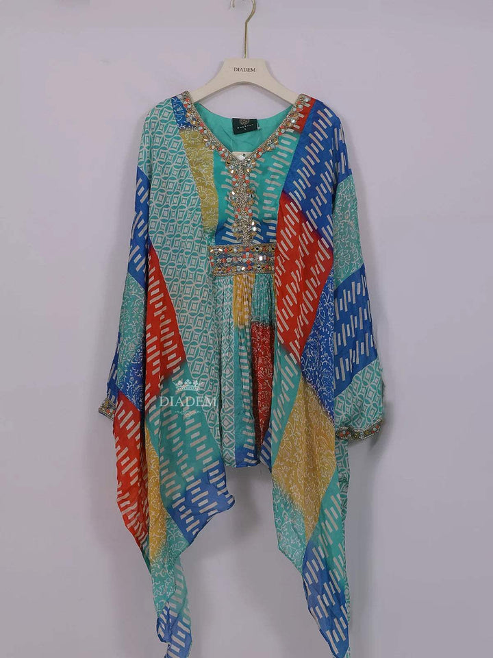 Turquoise Chiffon Palazzo Pant with Kaftan Top Adorned with Multicolor Prints - Diadem