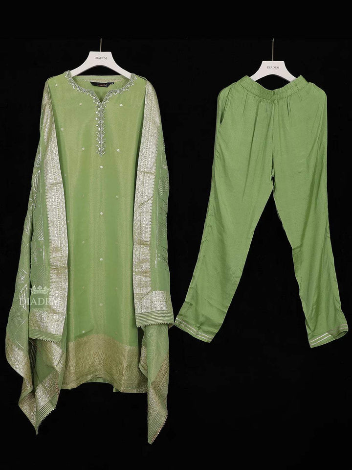 Pista Green Tissue Banarasi Straight Cut Salwar Suit for Women Adorned with Floral Embroidery, paired with Dupatta - Diadem