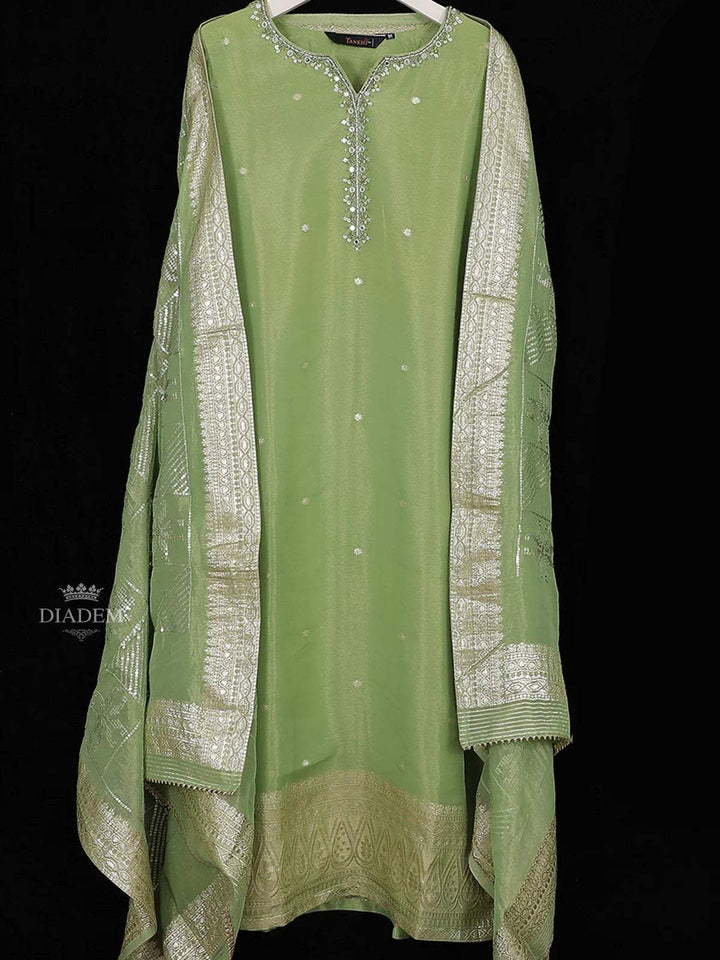 Pista Green Tissue Banarasi Straight Cut Salwar Suit for Women Adorned with Floral Embroidery, paired with Dupatta - Diadem