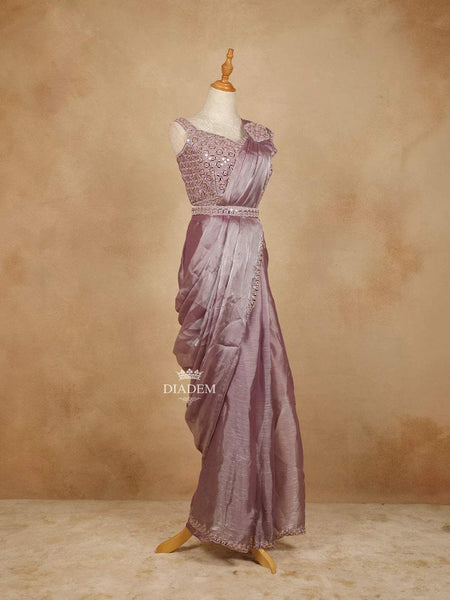 Lavender Chiffon Saree with Plain body and Embroidered Border paired with Designer Blouse and Waist Belt - Diadem