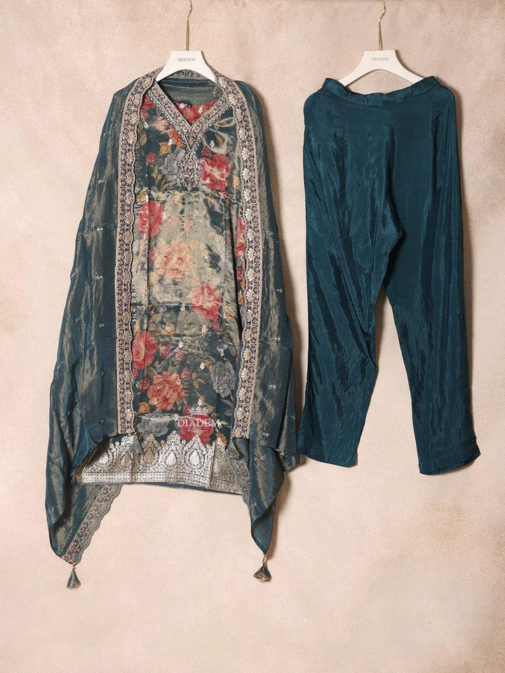 Green Tissue Straight Cut Salwar Suit Adorned with Floral Prints and Zari Designs Paired with Dupatta - Diadem